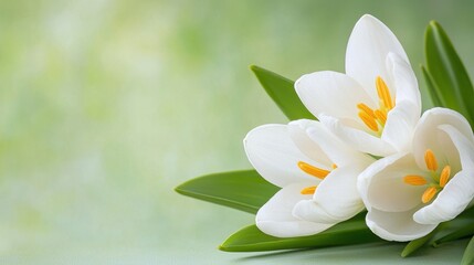 Obraz premium A bunch of white flowers with green leaves on a green background