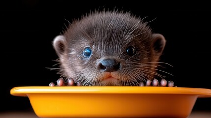 A small ferret with blue eyes peeking out of a yellow bowl
