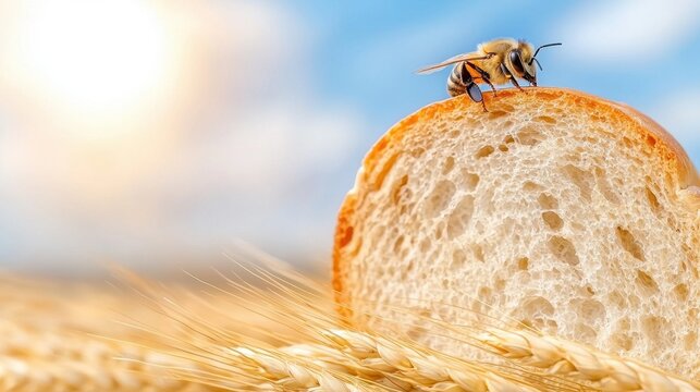 A bee sitting on top of a piece of bread