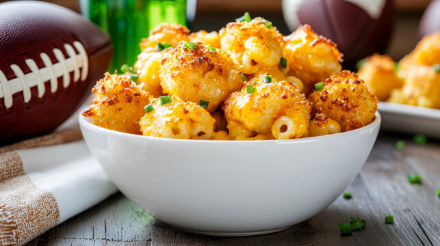 Delicious mac and cheese bites served in bowl, perfect for game day snacks. Crispy on outside and creamy on inside, these bites are crowd pleaser