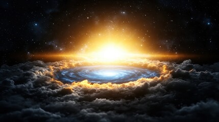 A black hole in the middle of the clouds with the sun shining through it