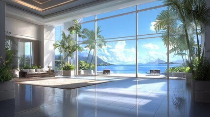 Spacious living room with large window showcasing ocean view and natural light in modern interior design