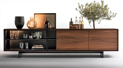 A ceramic vase and a glass vase displayed on a wooden sideboard in a well-lit room with neutral decor