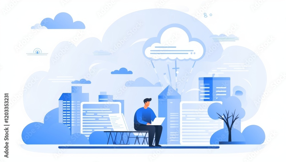 Poster cloud computing and data transfer: man working with laptop in cityscape