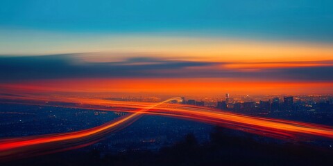 Vibrant Sunset Cityscape with Light Trails Over Dynamic Highways