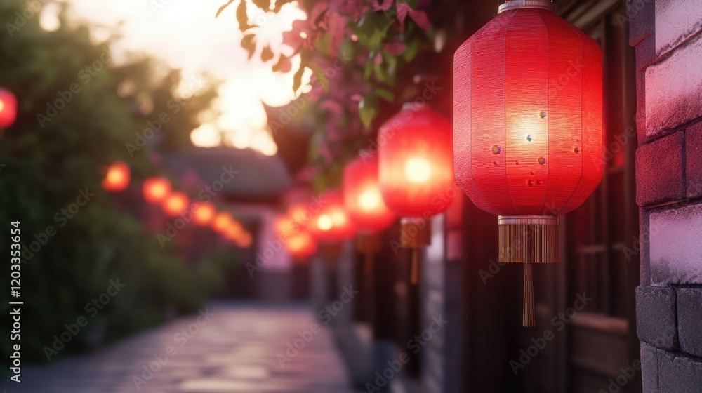 Poster a serene pathway adorned with glowing red lanterns, surrounded by greenery, creating a warm and invi