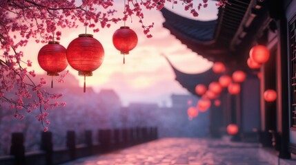 A serene scene featuring glowing red lanterns and cherry blossoms at sunset, highlighting traditional architecture and a tranquil atmosphere.