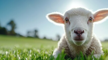 Obraz premium A small white sheep laying in the grass looking at the camera