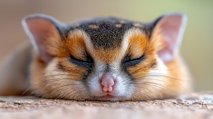 A small brown and black cat sleeping on the ground