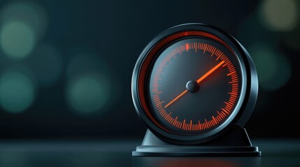 A sleek, modern gauge with a black face and red markings, set against a blurred background, suggesting precision and measurement.