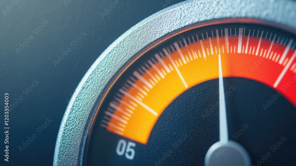 Poster a close-up of a gauge showing levels, with a needle positioned between yellow and orange, suggesting