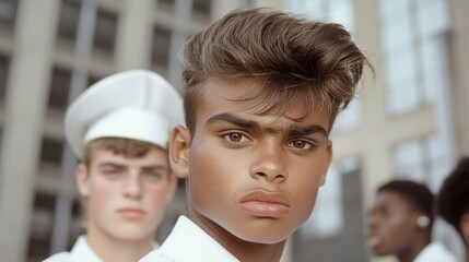  A young man in a white shirt and a sailor's hat