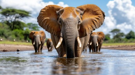 Fototapeta premium A herd of elephants walking across a body of water