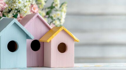 Pastel birdhouses with flowers, spring home decor