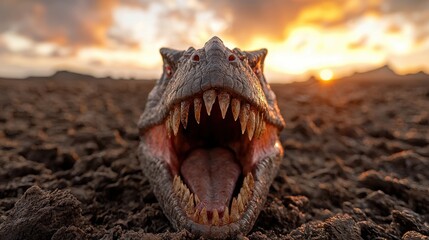 Fototapeta premium A close up of a dinosaur with its mouth open in the desert