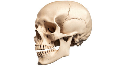 Isolated human skull with visible teeth and cranium on white background