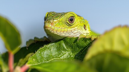 Fototapeta premium A green lizard sitting on top of a green leaf