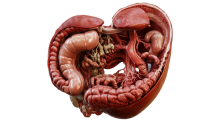 3D anatomical model of the human stomach, illustrating digestive organ structure. Ideal for educational and medical purposes in understanding human anatomy. Isolated on transparent background