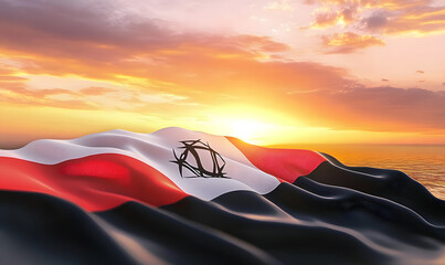 Waving flag of Syria against the background of a sunset or sunrise. Syria flag for Independence Day. The symbol of the state on wavy fabric.