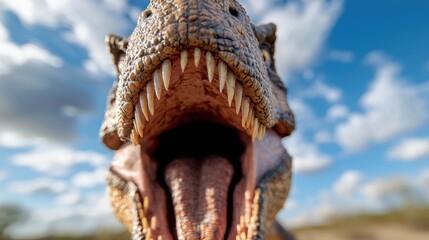 Obraz premium A close up of a dinosaur with its mouth open and teeth wide open