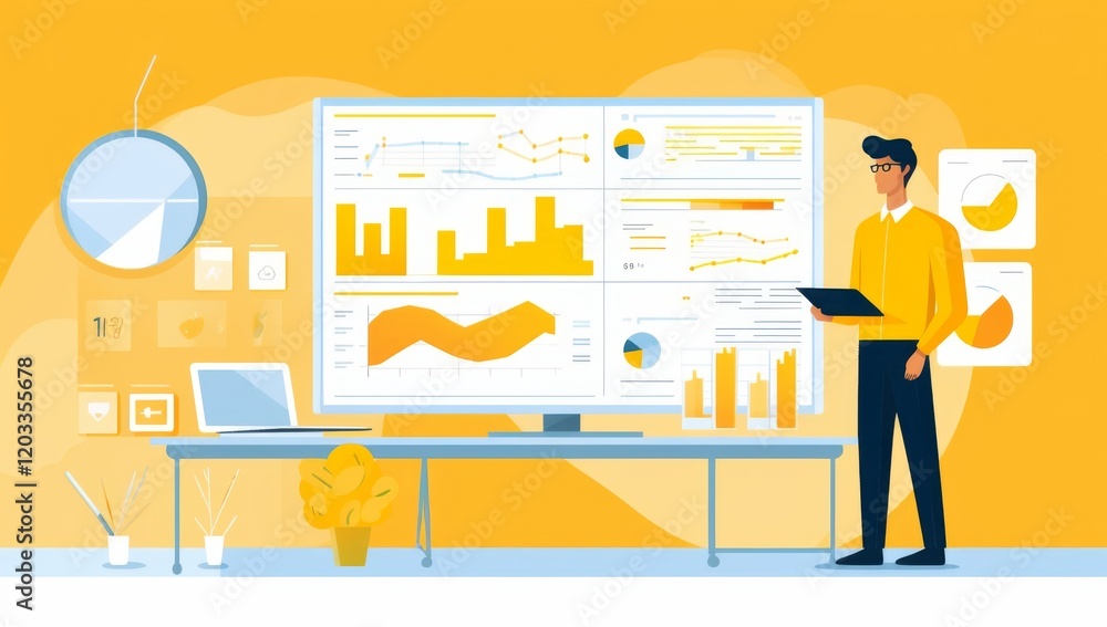 Poster businessman analyzing data on a large display screen in office