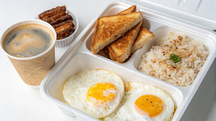 Breakfast set in a box: rice, bread, fried eggs and hot coffee in a paper cup