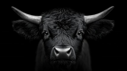 Naklejka premium A black and white photo of a cow with long horns