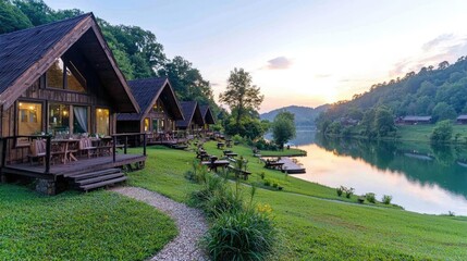 Lakeside cabins at sunset, tranquil river view, mountain backdrop, vacation rental
