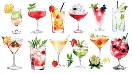 A vibrant collage of various colorful cocktails garnished with fruits and herbs, showcasing a delightful array of refreshing beverages.