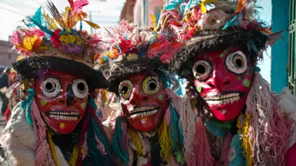 Printed kitchen splashbacks Andean masked dancers posing, vibrant festival, Bolivia