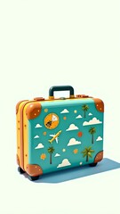 A bright suitcase surrounded by travel-themed elements and tropical landscapes. Illustrated on a white background.
