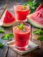 A refreshing glass of ruby red watermelon juice, a healthy and delicious summer beverage