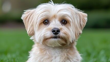 A small white dog sitting on top of a lush green field