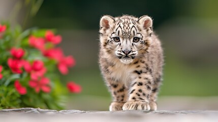 Obraz premium A small snow leopard cub walking on a rock with red flowers in the background