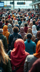 Crowds of travelers moving through an airport terminal during sunset with warm light illuminating the space