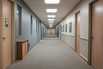 A streamlined hallway with minimal storage, soft colors, and a calming atmosphere