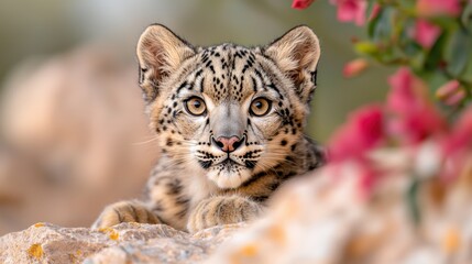 Obraz premium A baby snow leopard laying on top of a rock