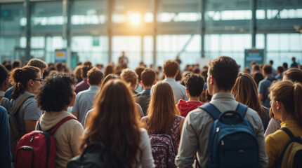 Fototapeta premium Crowds of travelers moving through an airport terminal during sunset with warm light illuminating the space