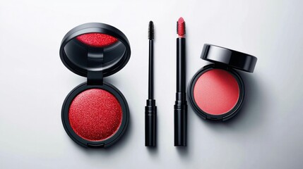 Elegant display of makeup tools and products: mascara, lipstick, compact powder, and glitter eyeshadows on a pure white background.