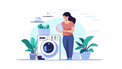 Woman Doing Laundry Near a Washing Machine in a Modern Home