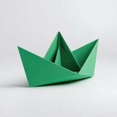 A simple green origami paper boat, neatly folded, sits on a white background.
