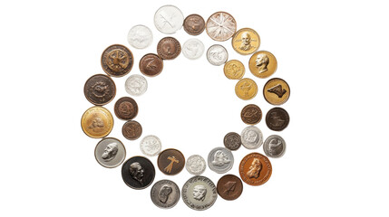 A collection of antique and modern coins spread out in a circle, showing different designs and currencies, on a white background.