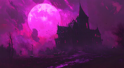 Obraz premium Haunted House Under a Purple Full Moon with Pumpkins and Spooky Atmosphere