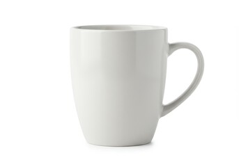 A clean and simple white ceramic coffee mug with a smooth finish and a sturdy handle isolated on white background