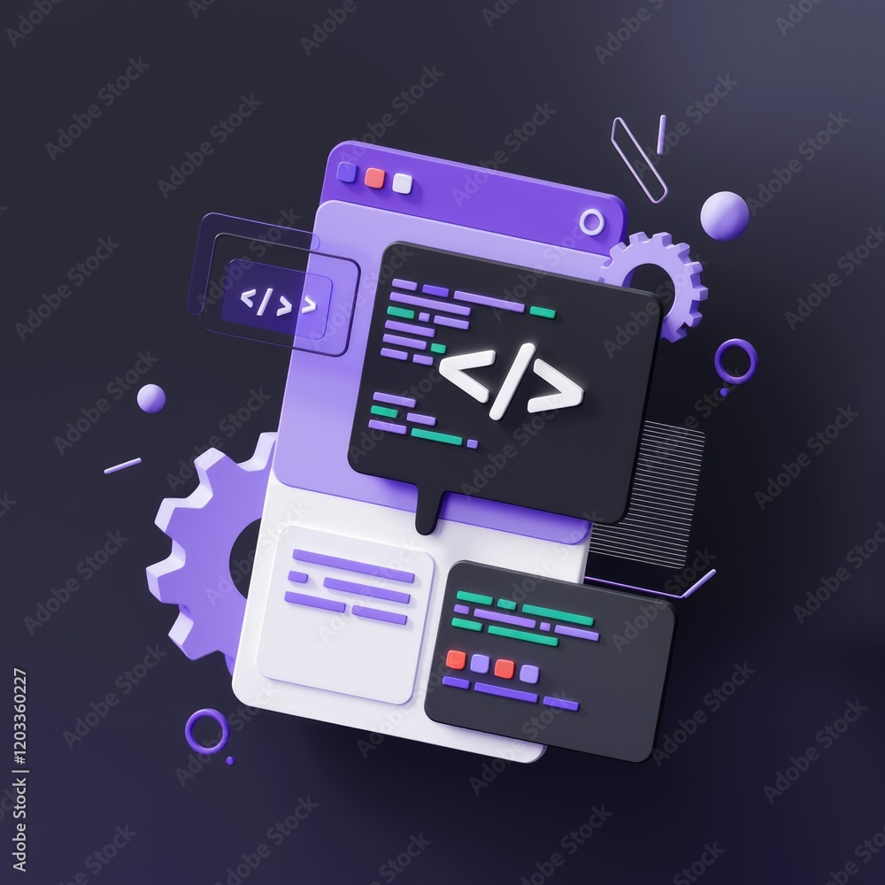 Poster 3D illustration of web development concept with code snippets, gears and browser interface.