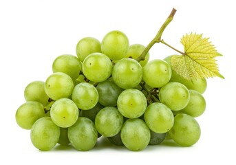 A fresh cluster of green grapes with a vibrant stem and attached leaves isolated on white background