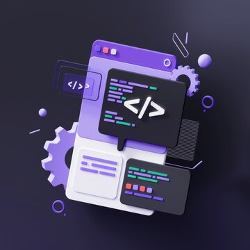 3D illustration of web development concept with code snippets, gears and browser interface.