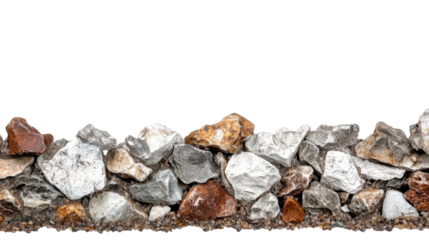 A detailed close up of a decorative gravel horizontal border, isolated on a clear white background. The gravel is multicolored, featuring shades of grey, white, and brown, with