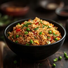 Fototapeta premium Bowl of rice with fresh green peas for healthy meal or side dish