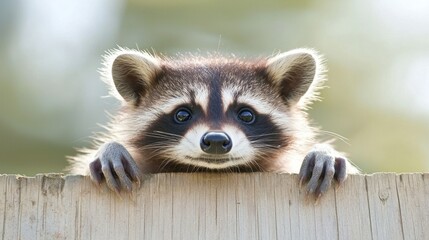 Obraz premium A raccoon peeking over a wooden fence